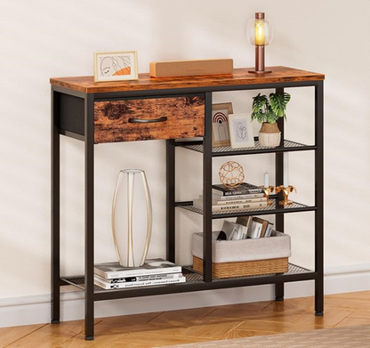 Furnulem Entryway Table Industrial 31.5" Sofa Console Table with Metal Mesh Shelf, Storage Fabric Drawer 4-Tier Shoe Rack Side Furniture for Front Door, Foyer Wooden Top, Sturdy Steel Frame