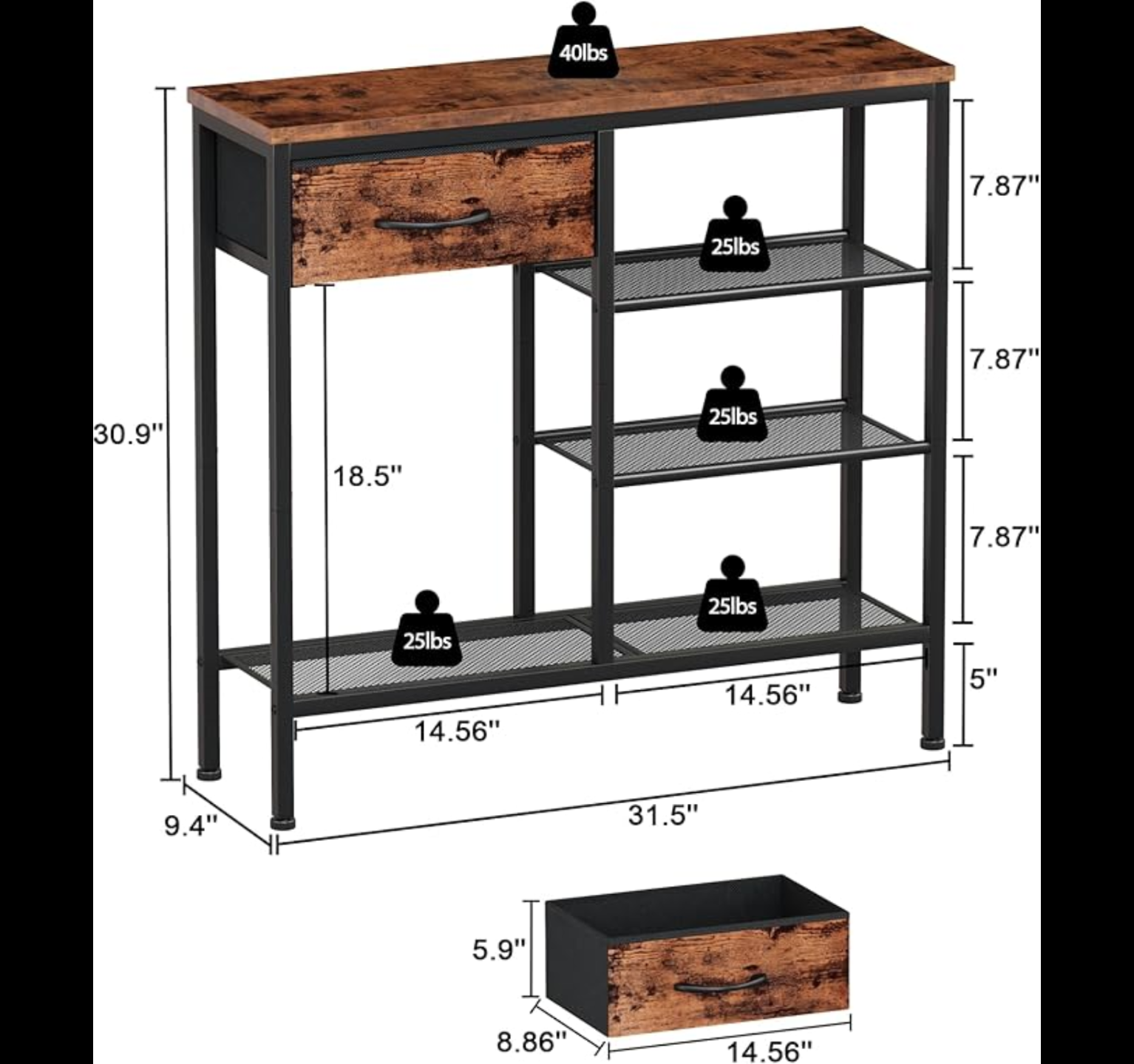 Furnulem Entryway Table Industrial 31.5" Sofa Console Table with Metal Mesh Shelf, Storage Fabric Drawer 4-Tier Shoe Rack Side Furniture for Front Door, Foyer Wooden Top, Sturdy Steel Frame
