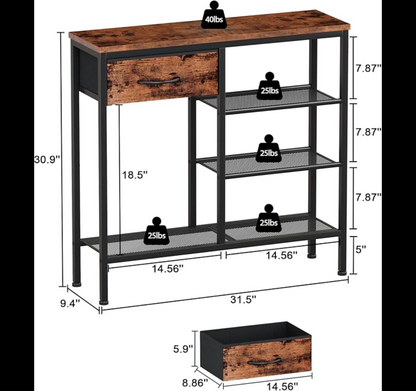 Furnulem Entryway Table Industrial 31.5" Sofa Console Table with Metal Mesh Shelf, Storage Fabric Drawer 4-Tier Shoe Rack Side Furniture for Front Door, Foyer Wooden Top, Sturdy Steel Frame