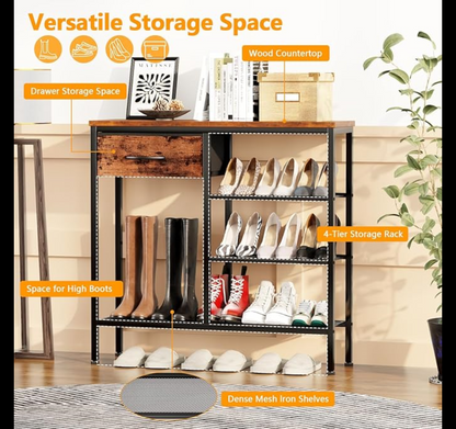 Furnulem Entryway Table Industrial 31.5" Sofa Console Table with Metal Mesh Shelf, Storage Fabric Drawer 4-Tier Shoe Rack Side Furniture for Front Door, Foyer Wooden Top, Sturdy Steel Frame