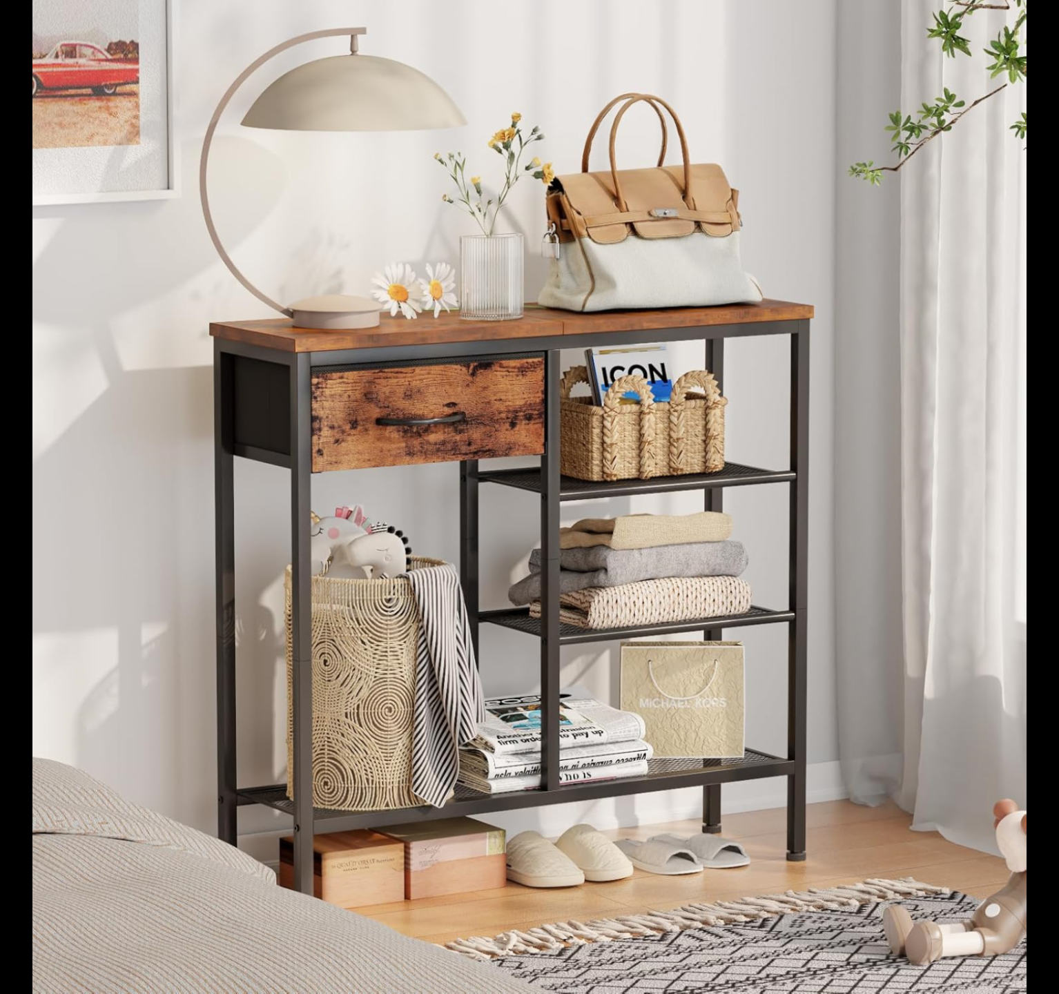 Furnulem Entryway Table Industrial 31.5" Sofa Console Table with Metal Mesh Shelf, Storage Fabric Drawer 4-Tier Shoe Rack Side Furniture for Front Door, Foyer Wooden Top, Sturdy Steel Frame