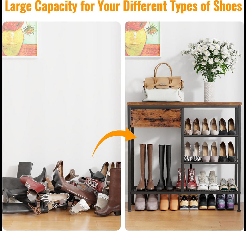 Furnulem Entryway Table Industrial 31.5" Sofa Console Table with Metal Mesh Shelf, Storage Fabric Drawer 4-Tier Shoe Rack Side Furniture for Front Door, Foyer Wooden Top, Sturdy Steel Frame